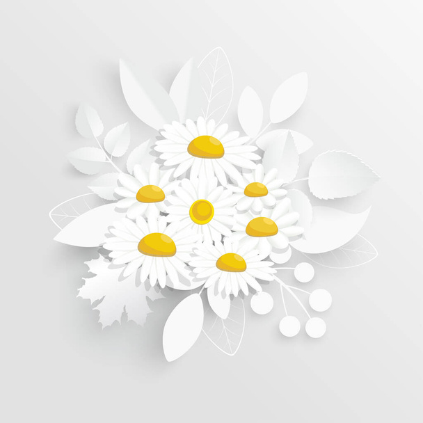 Paper flower. Chamomile. White flowers cut from paper. Wedding decorations. Set. Decorative bridal bouquet, isolated floral design elements. Greeting card template. Vector illustration. Background. - Vector, Image