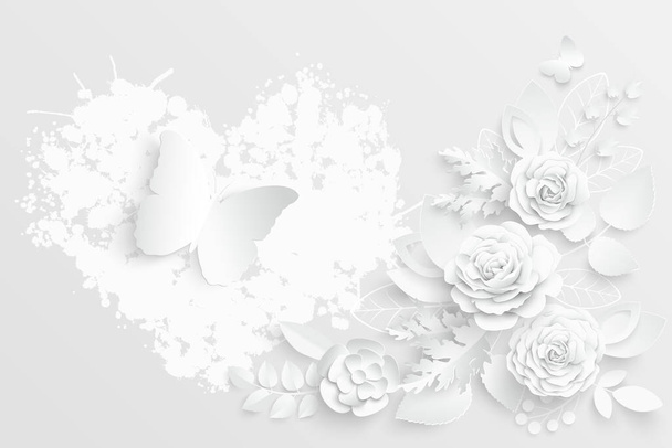 Une fleur de papier. Roses blanches coupées dans du papier. Décorations de mariage. Bouquet de mariée décoratif, éléments de design floral isolés. Modèle de carte de vœux. Illustration vectorielle
. - Vecteur, image