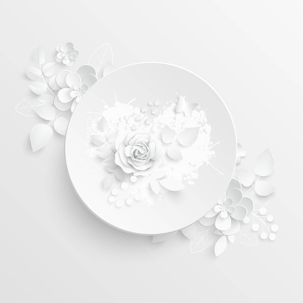Paper flower. Round frame with abstract cut flowers. White rose. Wedding decorations. Decorative bridal bouquet. Greeting card template. Background. Vector illustration - Vektör, Görsel