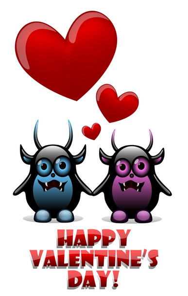 Открытка на день Святого Валентина с влюбленными дьяволами
 - Вектор,изображение