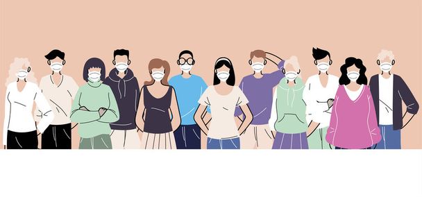 grupo de personas con mascarillas médicas protectoras, mujeres y hombres que usan protección contra el coronavirus
 - Vector, Imagen