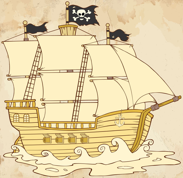 Bateau pirate naviguant sous le drapeau Jolly Roger dans du vieux papier
 - Photo, image