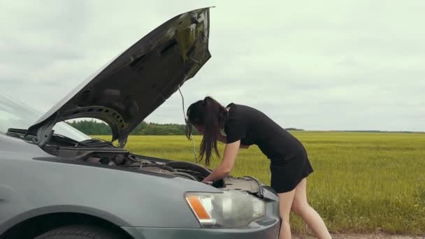 Молодая женщина рядом со сломанной машиной на обочине пытается получить помощь со сломанной машиной, сделав телефонный звонок.
. - Кадры, видео