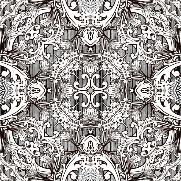 Baroque vector seamless pattern. Textured wooden grunge background. Ornamental repeat floral backdrop. Damask ornaments. Greek key meanders elements. Vintage flowers, leaves. Elegance ornate design. - Vector, afbeelding