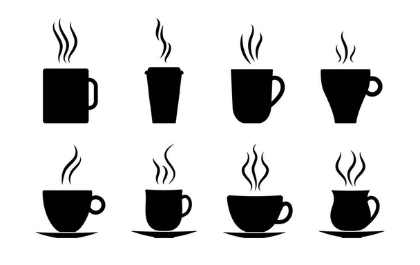 Kahve fincanı ikonu. Sıcak çay, latte, buharlı espresso. Kafe sembolü. Kahve kupası siparişi. Lokanta için siyah grafik logosu. Kokulu kapuçino molası. Basit bir set. Vektör. - Vektör, Görsel