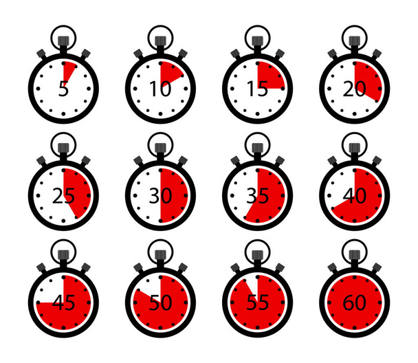 Stopwatch pictogrammen. Klok timer met stop. Een chronometer. Aftellen in de sport. Symbool van begin, einde. Tijd in de wacht: 5, 10,15,20,30,45,60 seconden. Competitie in snelheid. Intervalmeter met pijl. Vector - Vector, afbeelding