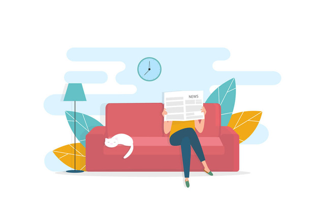 Eilmeldungen. Frau liest frische Zeitung und ihre Katze schläft zu Hause auf dem Sofa, Vektor-Illustration im flachen Stil - Vektor, Bild