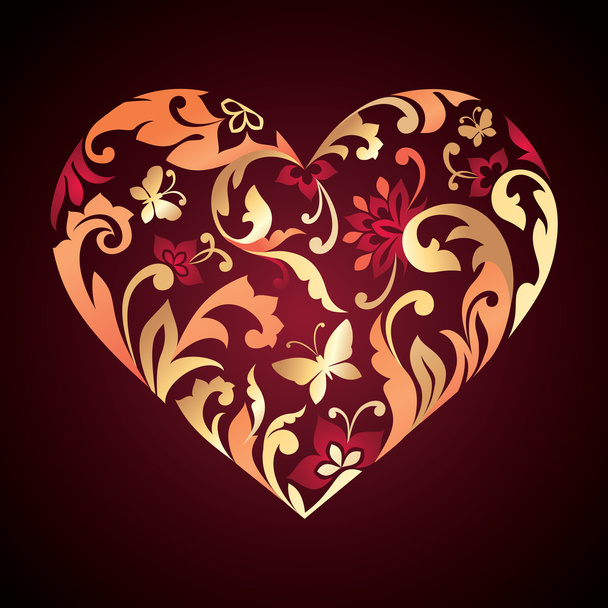 Valentine's day greeting card with golden floral heart shape isolated on black - Foto, immagini