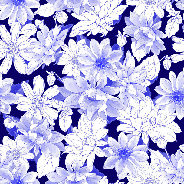 Lacivert Arkaplan 'da Beyaz ve Mavi Dahlia' lı Çiçeksiz Desen. Suluboya stili. Tekstil, duvar kağıtları, baskı ve selamlama için. Vektör İllüstrasyonu. - Vektör, Görsel