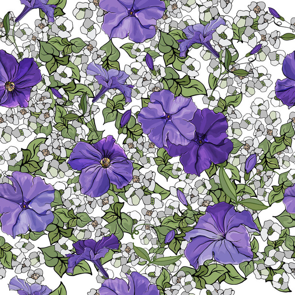 Όμορφο λουλουδάτο μοτίβο χωρίς ραφή με βιολετί πετούνια και πράσινα φύλλα σε λευκό φόντο. Μοβ μοτίβο λουλουδιών για ύφασμα, ταπετσαρίες, εκτύπωση, χαιρετισμούς, ιστοσελίδες. Εικονογράφηση διανύσματος. - Διάνυσμα, εικόνα