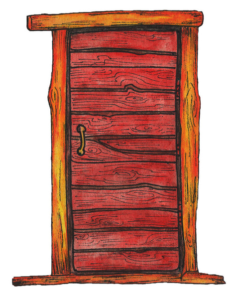 červené dřevěné dveře, barevné ilustrace, akvarelové tužky, dřevěné trámy, dřevěná textura, samostatný objekt - Fotografie, Obrázek