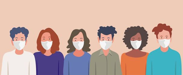 Gruppo di persone, indossando maschere mediche per prevenire Coronavirus, malattia di Covid-19, influenza, inquinamento atmosferico, aria contaminata, inquinamento mondiale. Illustrazione del banner vettoriale in stile piatto - Vettoriali, immagini