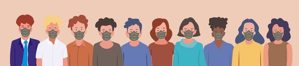 Group of people, wearing medical masks to prevent Coronavirus, covid-19 disease, flu, air pollution, contaminated air, world pollution. Vector banner illustration in a flat style - Vettoriali, immagini