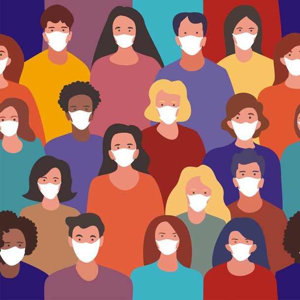 中国のコロナウイルス。新しいコロナウイルス(2019-nCoV) 、白い医療面マスクの人々。コロナウイルス隔離ベクターイラストのコンセプト。シームレスなパターン. - ベクター画像