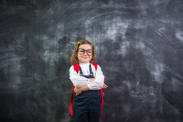 Portrait of confidant little kid girl ready to school. Success in education concept. Copy space for your text. - Foto, Bild