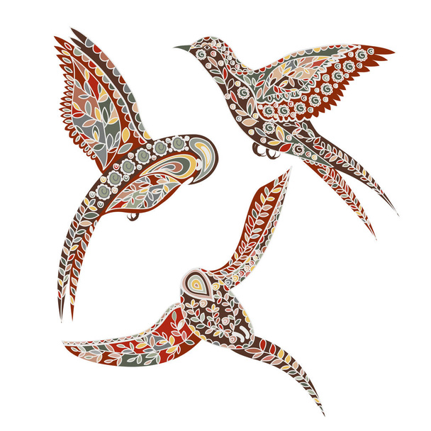 Various flying birds with ornaments scandinavian style. Flat design. Hand drawn colored set on white background. Vector illustration. - Vetor, Imagem