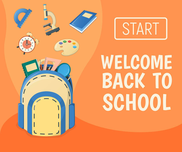 Web banner concept back to school, supplies for study in college and institute isolated on white, cartoon vector illustration. Backpack with item alarm, textbook globe and microscope. - Вектор,изображение