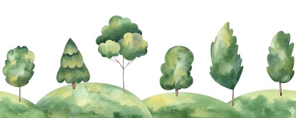 ohraničení vzor stromů akvarel ilustrace na bílém pozadí - Fotografie, Obrázek