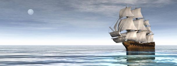 Gyönyörű öreg kereskedőhajó lebeg csendes vizen nappal a holddal - Vektor, kép