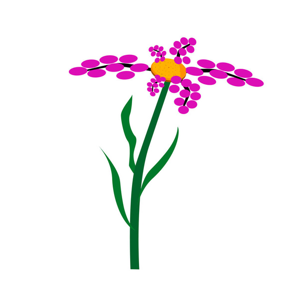 Pink wild flower isolated on white. Green stalk with long leaves. The yellow middle is speckled. Vector EPS10. - Vector, Image