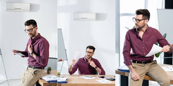 kollaasi väsynyt liikemies heiluttaa paperia kärsiessään lämpöä toimistossa - Valokuva, kuva