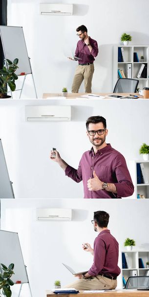 Collage von Geschäftsmann, der Laptop in der Hand hält, unter Hitze leidet, Klimaanlage einschaltet und Daumen nach oben zeigt - Foto, Bild