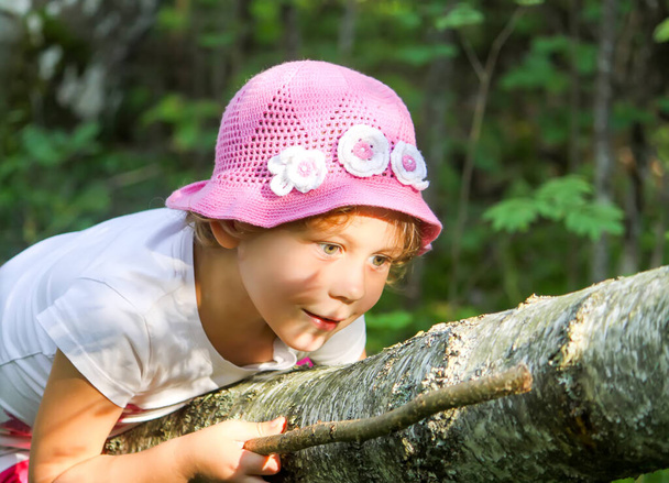 Mała dziewczynka spacerująca w letnim lesie i zwiedzająca przyrodę - Zdjęcie, obraz