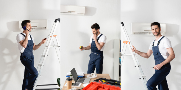 collage of repairman with measuring tape, screwdriver, talking on smartphone on stepladder near air conditioner, panoramic shot - Photo, Image