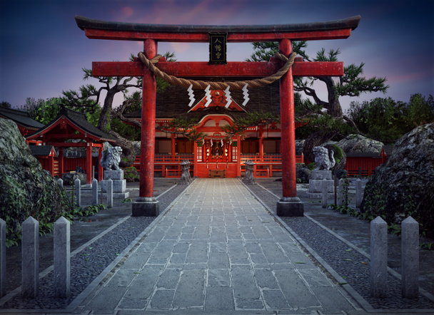 CGI Render japońskiego Sanktuarium lub Świątynia Budowa Zewnątrz z Bramą Torii - Zdjęcie, obraz