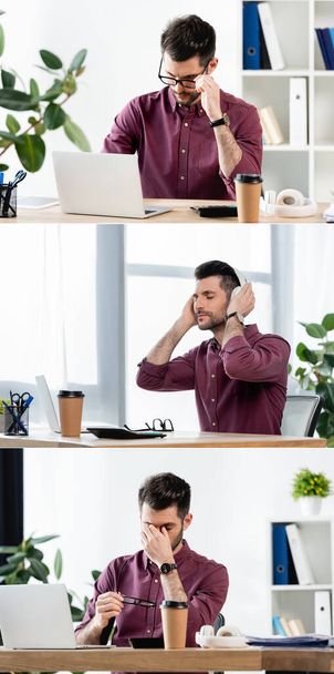 collage of businessman working on laptop and listening music in wireless headphones near coffee to go - Photo, image