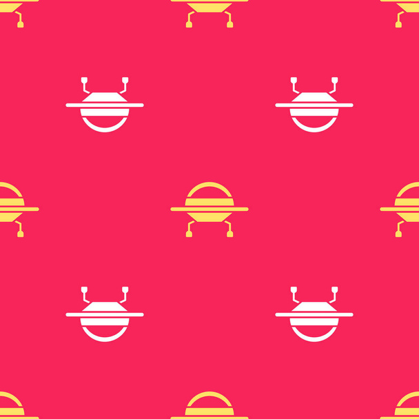 Žluté UFO létající kosmická loď ikona izolované bezešvé vzor na červeném pozadí. Létající talíř. Mimozemská vesmírná loď. Futuristický neznámý létající objekt. Vektorová ilustrace. - Vektor, obrázek