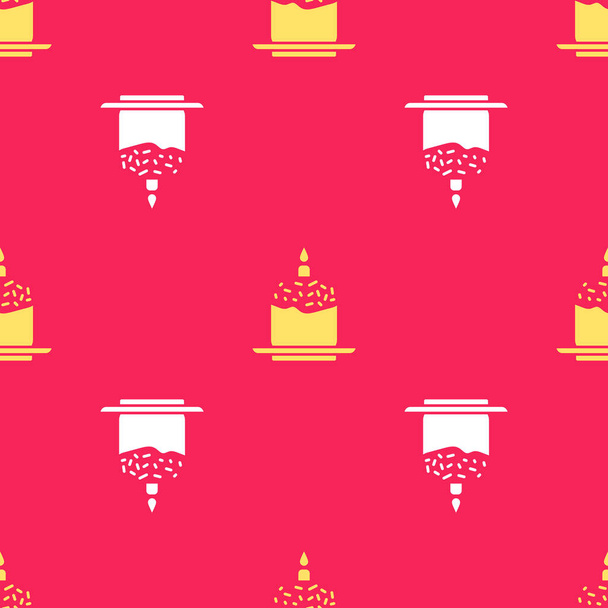 Gâteau de Pâques jaune et icône de bougie isolé motif sans couture sur fond rouge. Joyeux Pâques. Illustration vectorielle. - Vecteur, image