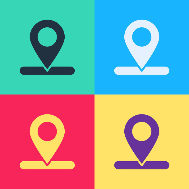 Pop Art Map Pin-Symbol isoliert auf farbigem Hintergrund. Navigation, Zeiger, Standort, Karte, GPS, Richtung, Ort, Kompass, Suchkonzept. Vektorillustration. - Vektor, Bild
