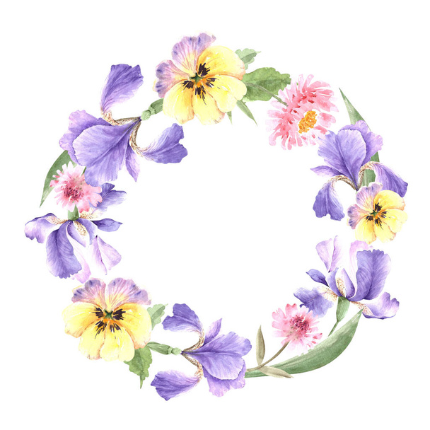 round frame of purple irises flowers, watercolour illustration on white background - Fotó, kép