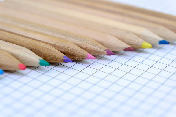 Detailní sada vícebarevných tužek na kostkovaném papírovém listu sešitu pro kresbu. Zpátky do školy. Rozumím, žádní lidé. Mělká hloubka pole - Fotografie, Obrázek