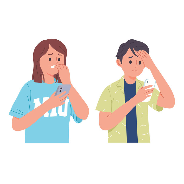 векторная иллюстрация мужчин и женщин, смотрящих на свои мобильные телефоны с выражением тревоги и страха
 - Вектор,изображение