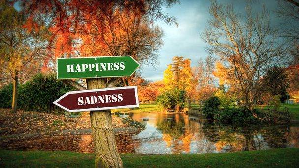 Rua Assine o Caminho da Direção para a Felicidade versus Tristeza
 - Foto, Imagem