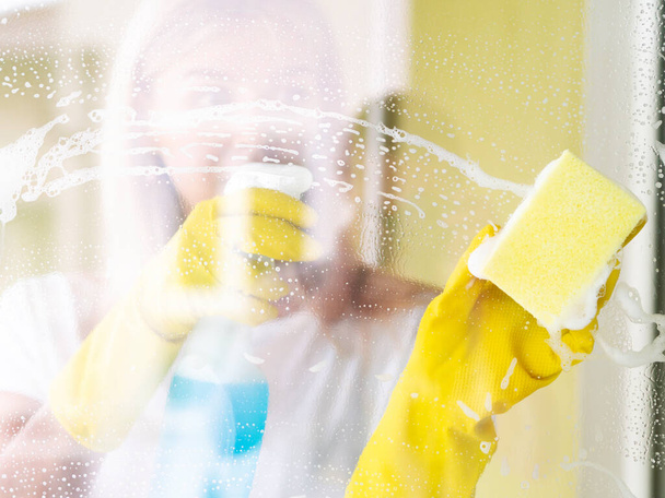 Donna che pulisce i vetri con detergente speciale. Guarda attraverso una finestra insaponata. Pulitore professionale con guanti - Foto, immagini