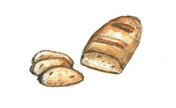 Szkic o chlebie akwarelowym z rozpryskami farby, izolowany na białym tle - Zdjęcie, obraz
