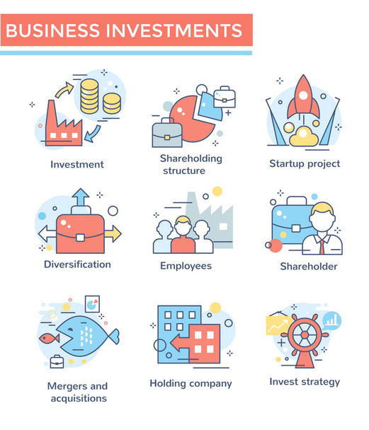 Инвестиции в бизнес, Слияния и поглощения компаний набор, тонкая линия иконки цвета - Вектор,изображение
