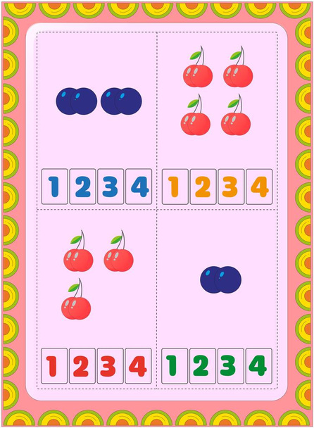 Matematica prescolare e infantile con disegno di ciliegie e mirtilli - Vettoriali, immagini