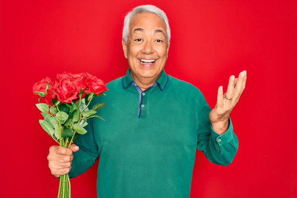 W średnim wieku senior siwowłosy mężczyzna trzyma romantyczny bukiet czerwonych róż na czerwonym tle bardzo szczęśliwy i podekscytowany, zwycięzca wyraża świętowanie zwycięstwa krzycząc z wielkim uśmiechem i podniesionymi rękami - Zdjęcie, obraz