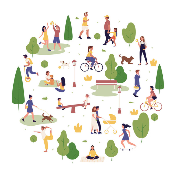 Summer park outdoor activity vector illustration, cartoon flat active people spend time in city park together, walking or playing with dog isolated on white - Vector, Image