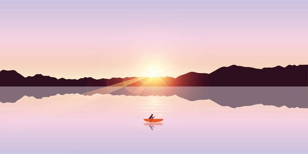 samotny spływ przygoda z pomarańczowy łódź wschód słońca nad jeziorem - Wektor, obraz