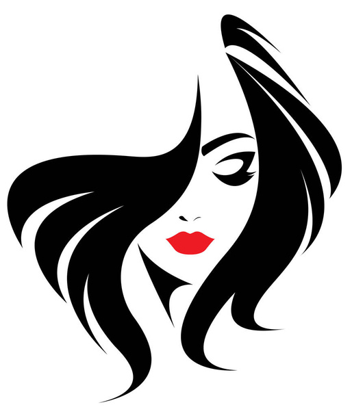 ロングヘアスタイルのアイコン、ロゴの女性は白い背景に直面している - ベクター画像