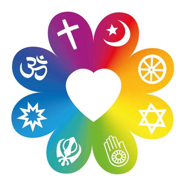 Religiones mundiales. Símbolos en una flor de color arco iris con un corazón en el centro como símbolo de unidad religiosa o comunidad- Cristianismo, Islam, Budismo, Hinduismo, Judaísmo, Jainismo, Sijismo, Bahai
. - Vector, Imagen
