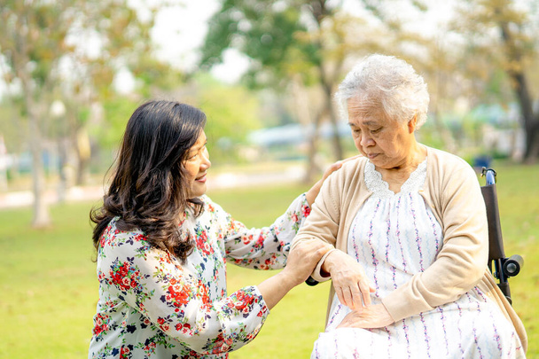 休日の公園内の車椅子の世話、ヘルプとサポートを持つアジアの高齢女性高齢者の女性:健康的な強い医療の概念. - 写真・画像