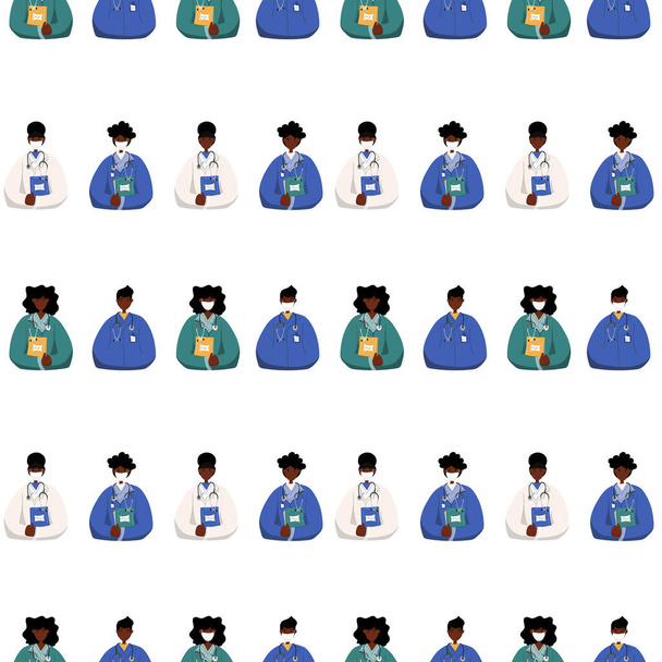 Seamless pattern of cartoon african american man and woman doctor wear protective mask and without mask, clinic employee isolated on white background. Medical staff. Vector illustration. Flat style. - Vector, Image