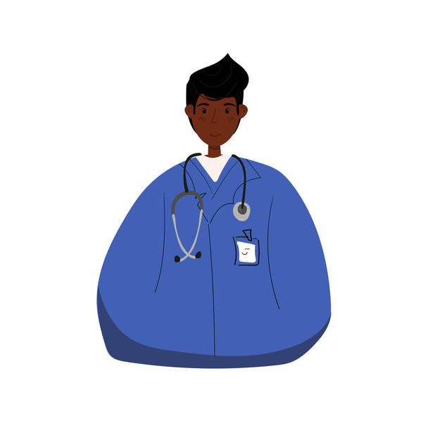 Sorrindo bonito desenho animado afro-americano homem médico, enfermeira funcionário da clínica, de pé isolado em fundo branco. Pessoal médico fardado. Ilustração de estoque vetorial em estilo plano
. - Vetor, Imagem