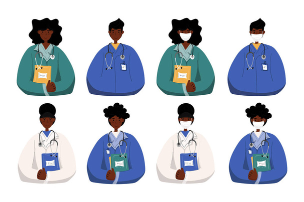 漫画のセットアフリカ系アメリカ人の男性と女性の医師は保護マスクを着用し、マスクなしで、白い背景に隔離されたクリニックの従業員。制服を着た医療スタッフ。ベクトルイラスト。平式. - ベクター画像